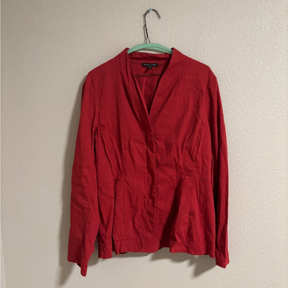 Eileen Fisher red linen blend zip front blouse
